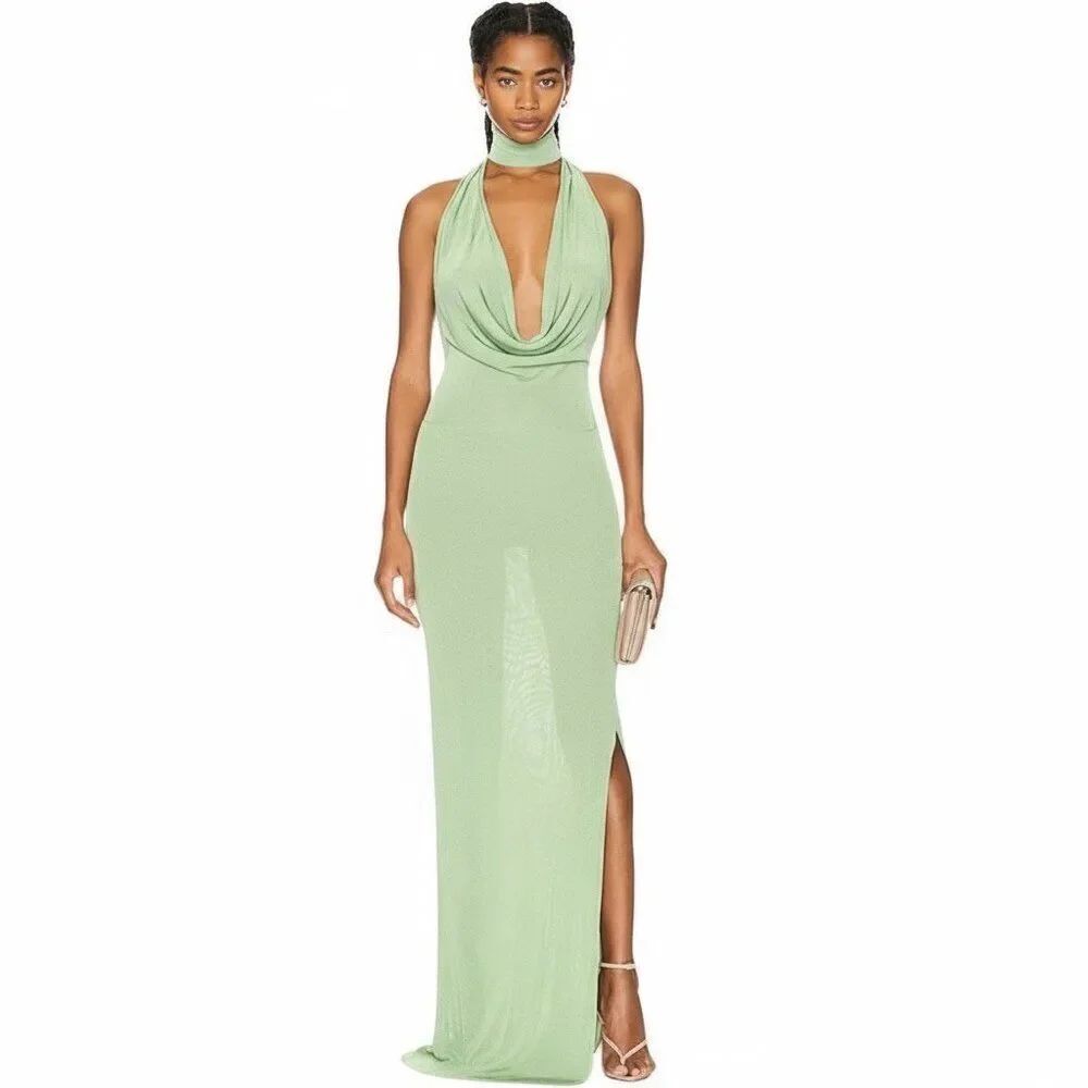 New Aya Muse Edo Halterneck Draped Maxi Dress S Light Green